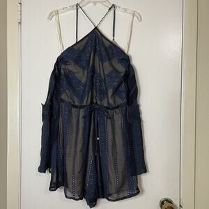 NWOT Winona Australia Iberia Playsuit romper blue lace eyelet cold shoulder US 6